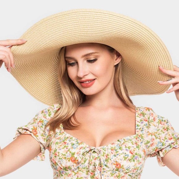 Beige Straw Sun Hat Brim Simple Casual Womens Beach Vacation Fashion Accessory main image 2